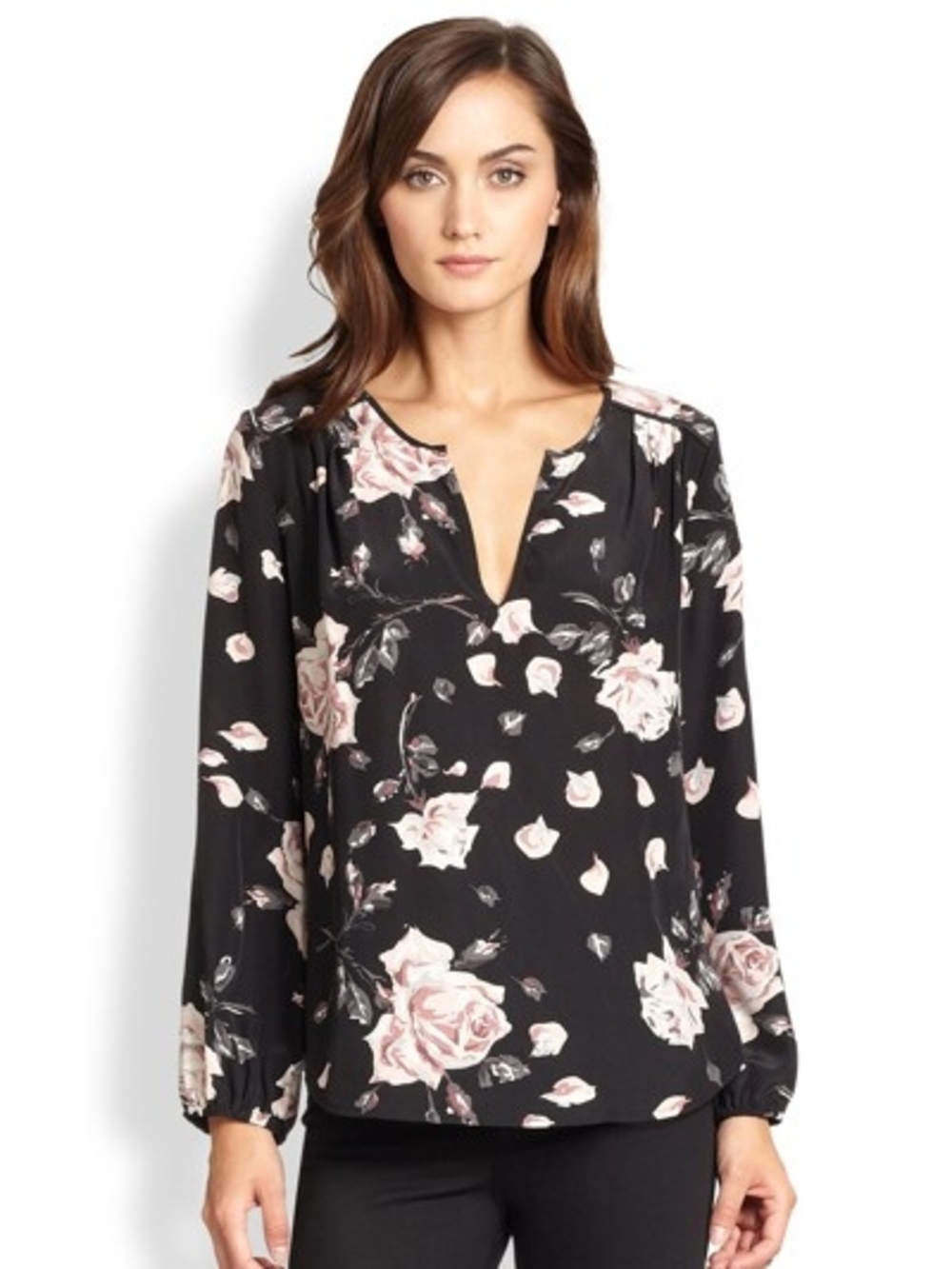 Joie Black Odelette Floral-print Silk V Neck Long Sleeve Blouse, Size Small